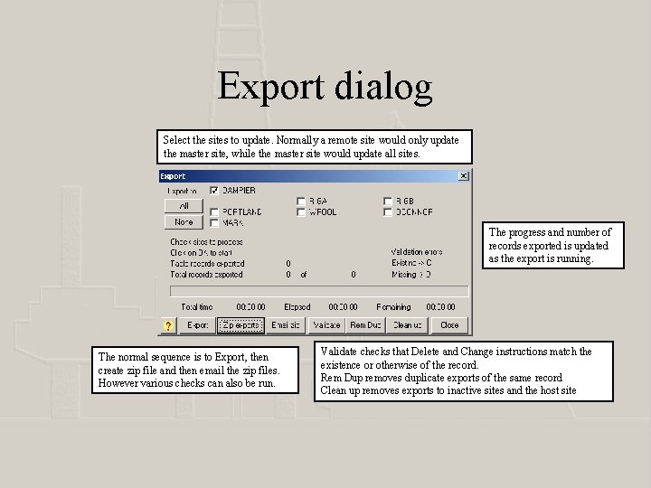 Export dialog Select the sites to update. Normally a remote site would only update