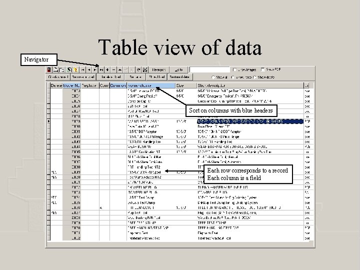 Navigator Table view of data Sort on columns with blue headers Each row corresponds