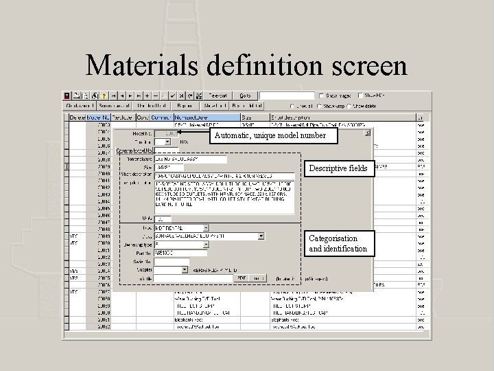Materials definition screen Automatic, unique model number Descriptive fields Categorisation and identification 