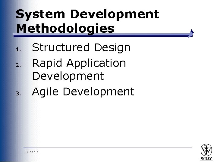 System Development Methodologies 1. 2. 3. Structured Design Rapid Application Development Agile Development Slide