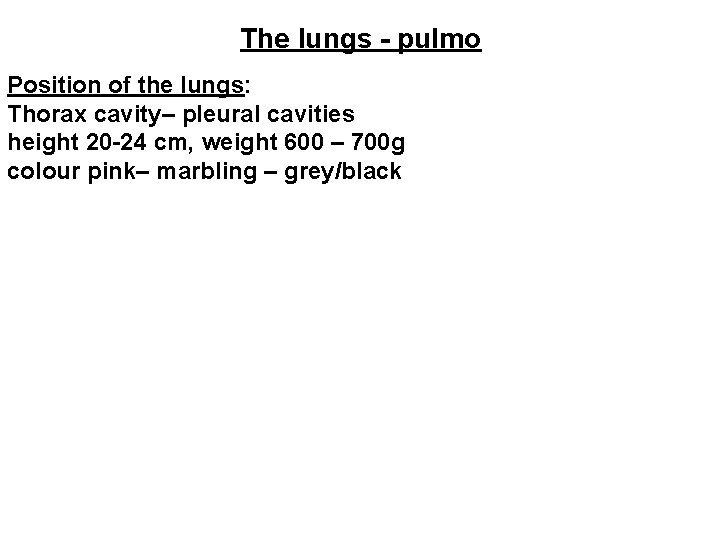 The lungs - pulmo Position of the lungs: Thorax cavity– pleural cavities height 20