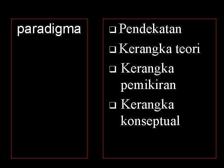 paradigma q Pendekatan q Kerangka teori Kerangka pemikiran q Kerangka konseptual q 