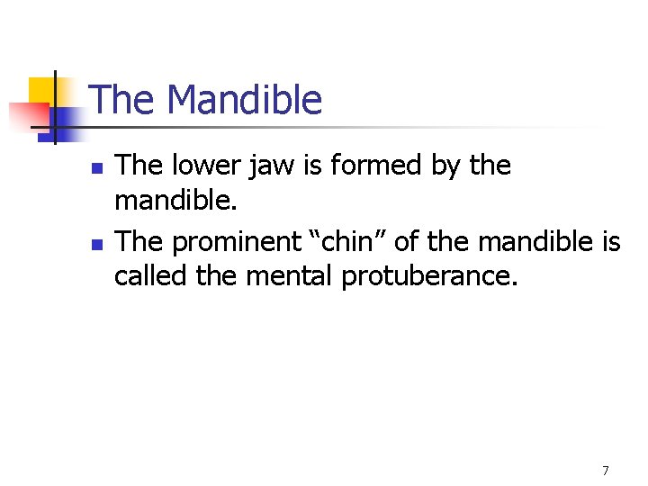 The Mandible n n The lower jaw is formed by the mandible. The prominent