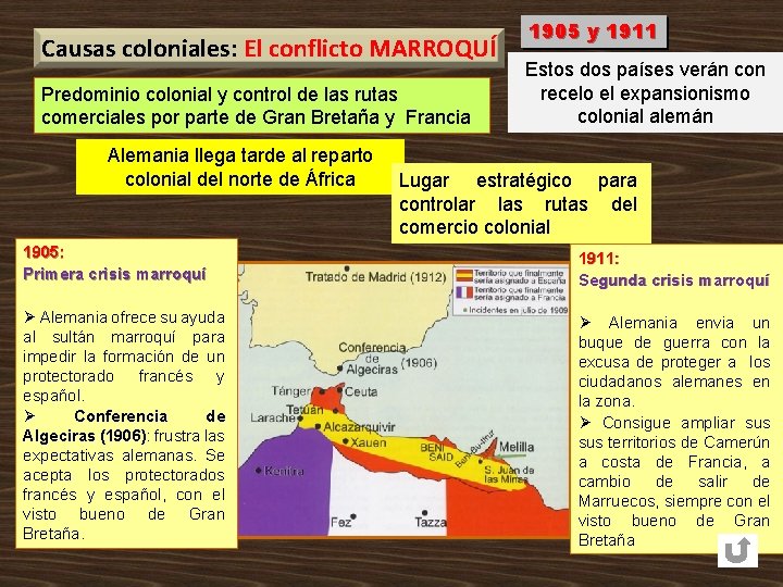 Causas coloniales: El conflicto MARROQUÍ Predominio colonial y control de las rutas comerciales por