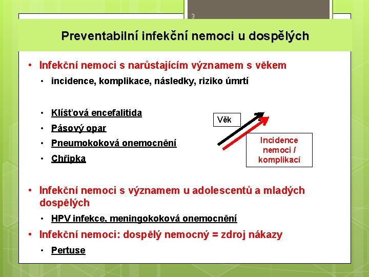 3 Preventabilní infekční nemoci u dospělých • Infekční nemoci s narůstajícím významem s věkem