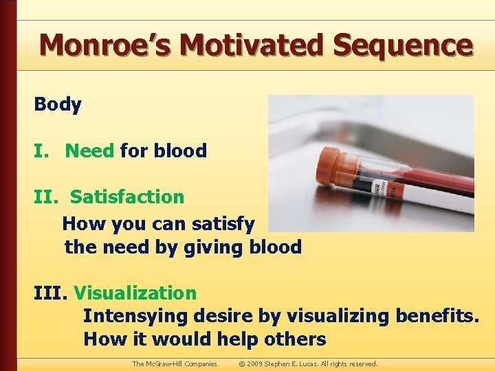 Monroe’s Motivated Sequence Body I. Need for blood II. Satisfaction How you can satisfy