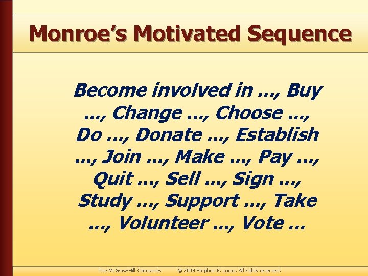 Monroe’s Motivated Sequence Become involved in. . . , Buy. . . , Change.