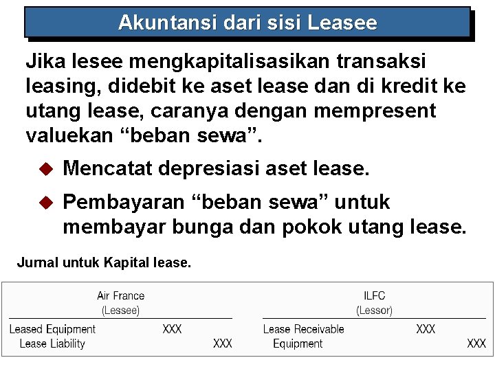 Akuntansi dari sisi Leasee Jika lesee mengkapitalisasikan transaksi leasing, didebit ke aset lease dan