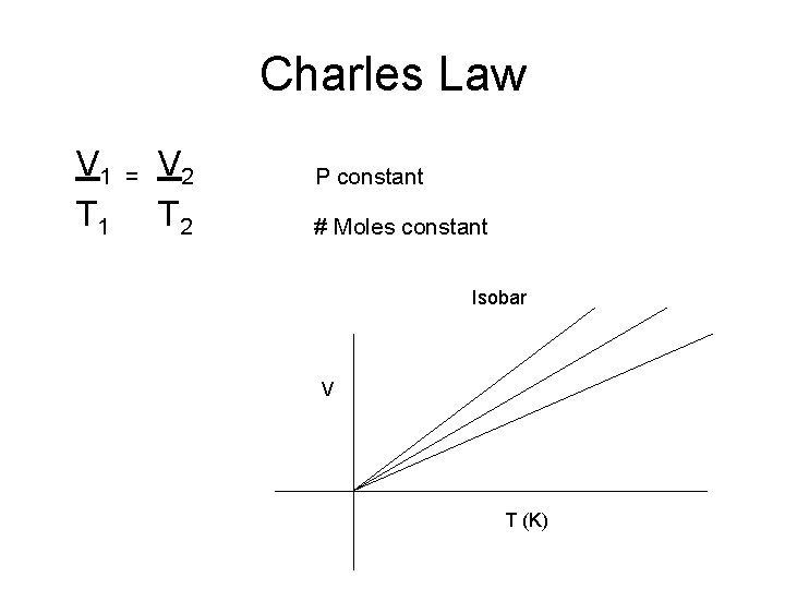 Charles Law V 1 T 1 = V 2 T 2 P constant #