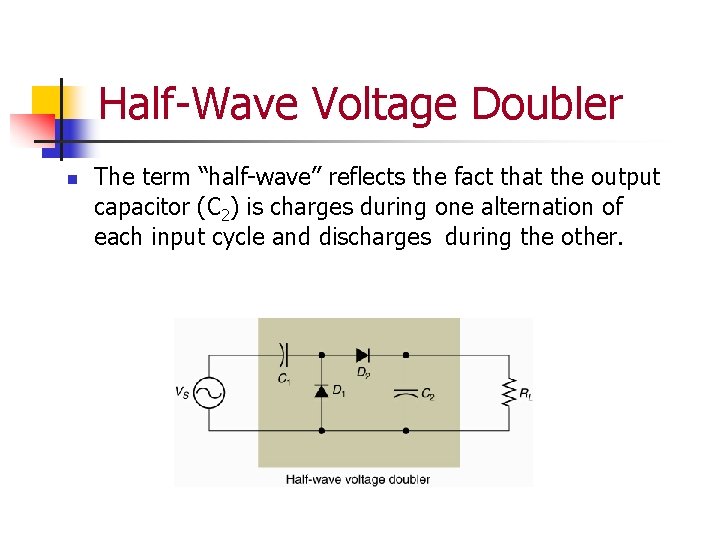 Half-Wave Voltage Doubler n The term “half-wave” reflects the fact that the output capacitor Half-Wave Voltage Doubler n The term “half-wave” reflects the fact that the output capacitor