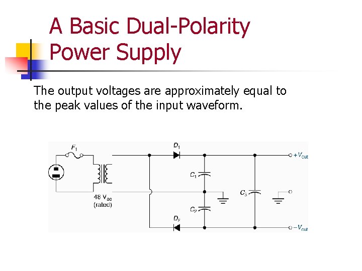 A Basic Dual-Polarity Power Supply The output voltages are approximately equal to the peak A Basic Dual-Polarity Power Supply The output voltages are approximately equal to the peak