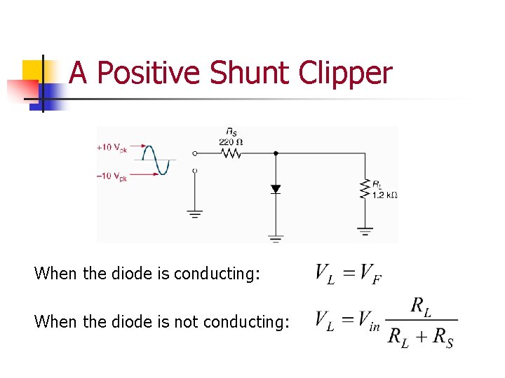 A Positive Shunt Clipper When the diode is conducting: When the diode is not A Positive Shunt Clipper When the diode is conducting: When the diode is not