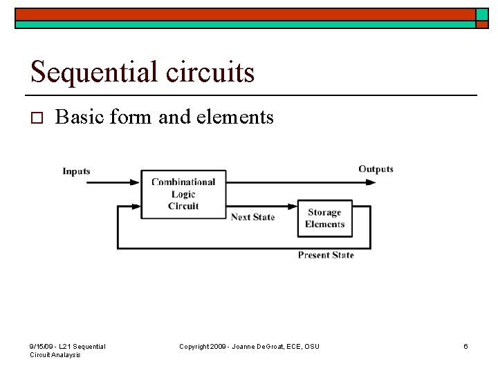 Sequential circuits o Basic form and elements 9/15/09 - L 21 Sequential Circuit Analaysis