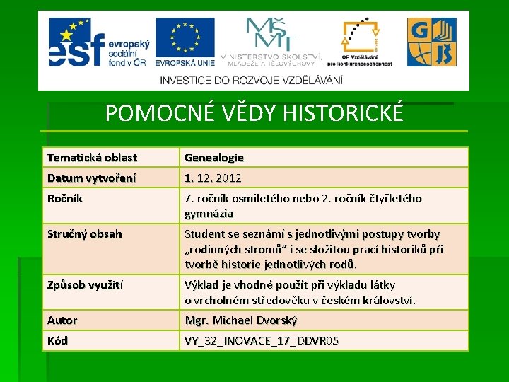 POMOCNÉ VĚDY HISTORICKÉ Tematická oblast Genealogie Datum vytvoření 1. 12. 2012 Ročník 7. ročník