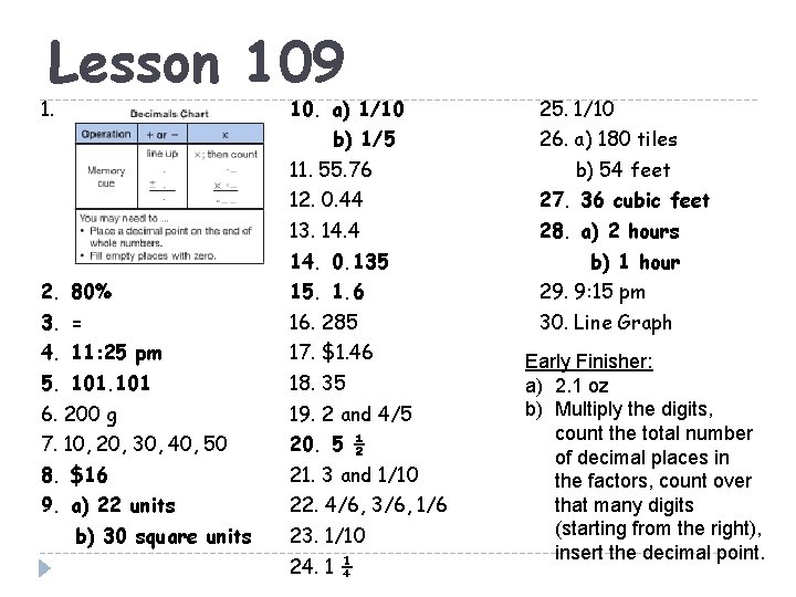 Lesson 109 1. 10. a) 1/10 b) 1/5 25. 1/10 26. a) 180 tiles