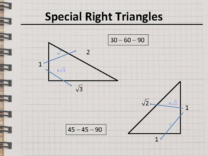 Special Right Triangles x 2 30 – 60 – 90 1 2 x x