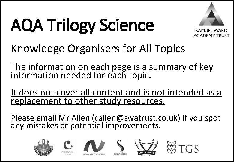 AQA Trilogy Science Knowledge Organisers for All Topics The information on each page is