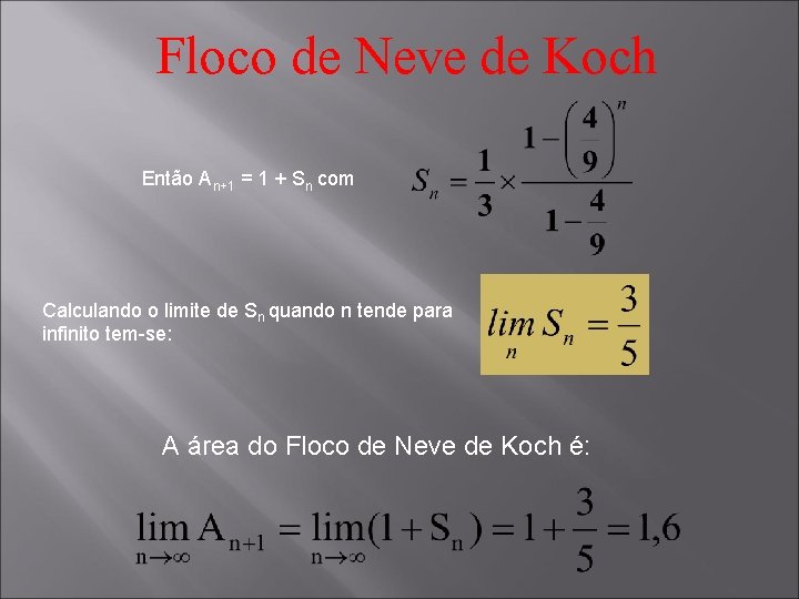 Floco de Neve de Koch Então An+1 = 1 + Sn com Calculando o