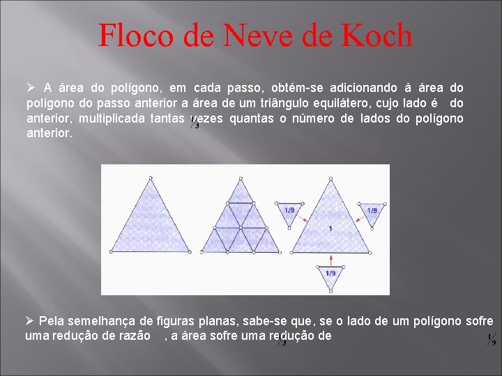 Floco de Neve de Koch Ø A área do polígono, em cada passo, obtém-se