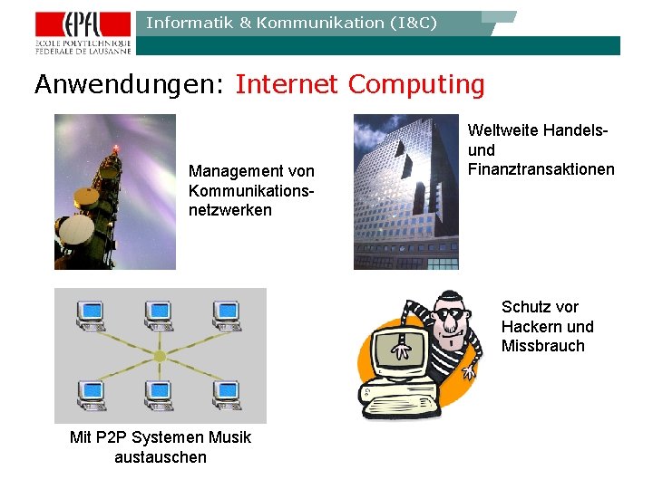 Informatik & Kommunikation (I&C) Anwendungen: Internet Computing Management von Kommunikationsnetzwerken Weltweite Handelsund Finanztransaktionen Schutz