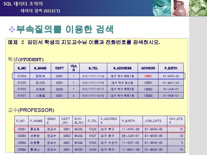 SQL 데이터 조작어 데이터 검색 (SELECT) v부속질의를 이용한 검색 부속질의(subquery) 의 예제 예제 2