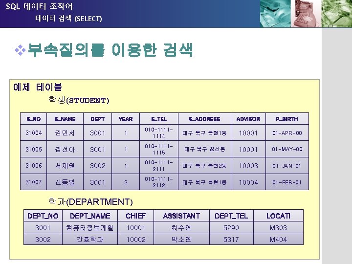 SQL 데이터 조작어 데이터 검색 (SELECT) v부속질의를 이용한 검색 부속질의(subquery) 의 개념 예제 테이블