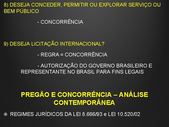 8) DESEJA CONCEDER, PERMITIR OU EXPLORAR SERVIÇO OU BEM PÚBLICO - CONCORRÊNCIA 9) DESEJA