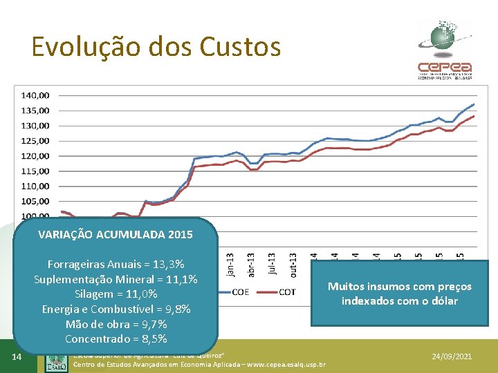 Evolução dos Custos VARIAÇÃO ACUMULADA 2015 Forrageiras Anuais = 13, 3% Suplementação Mineral =