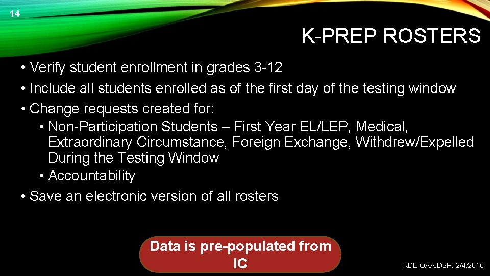 14 K-PREP ROSTERS • Verify student enrollment in grades 3 -12 • Include all