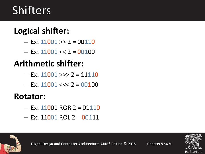 Shifters Logical shifter: – Ex: 11001 >> 2 = 00110 – Ex: 11001 << Shifters Logical shifter: – Ex: 11001 >> 2 = 00110 – Ex: 11001 <<