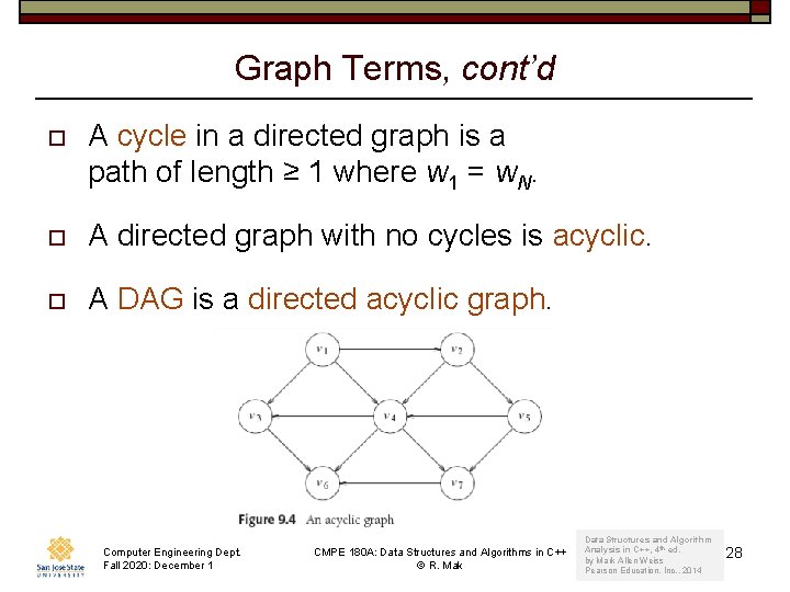 Graph Terms, cont’d o A cycle in a directed graph is a path of