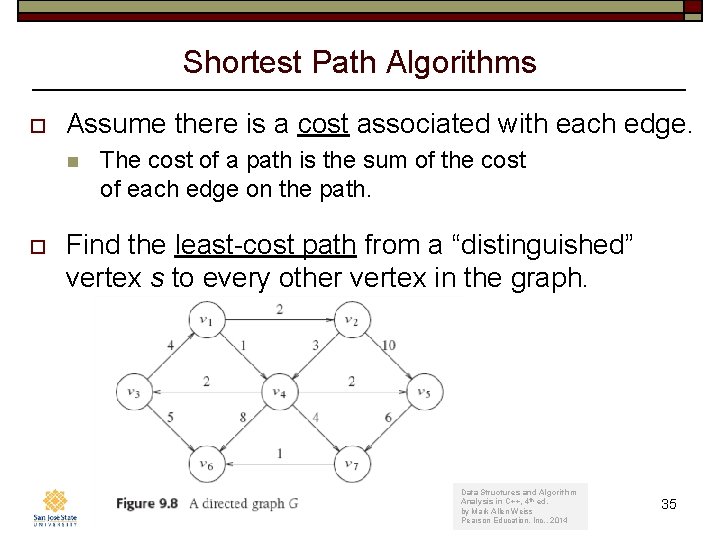 Shortest Path Algorithms o Assume there is a cost associated with each edge. n