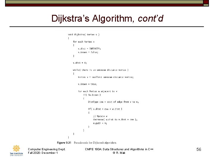 Dijkstra’s Algorithm, cont’d Computer Engineering Dept. Fall 2020: December 1 CMPE 180 A: Data