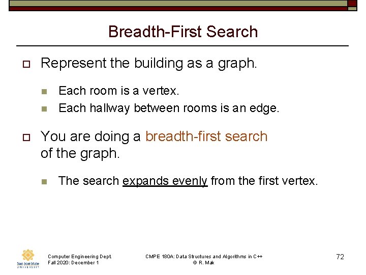Breadth-First Search o Represent the building as a graph. n n o Each room