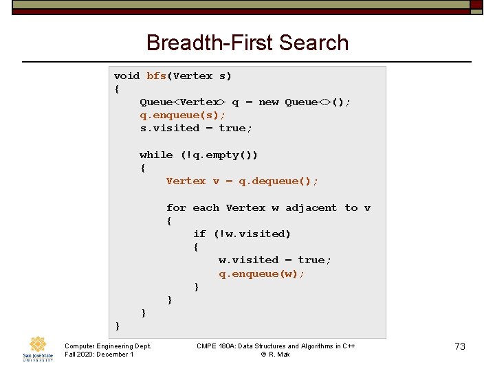 Breadth-First Search void bfs(Vertex s) { Queue<Vertex> q = new Queue<>(); q. enqueue(s); s.