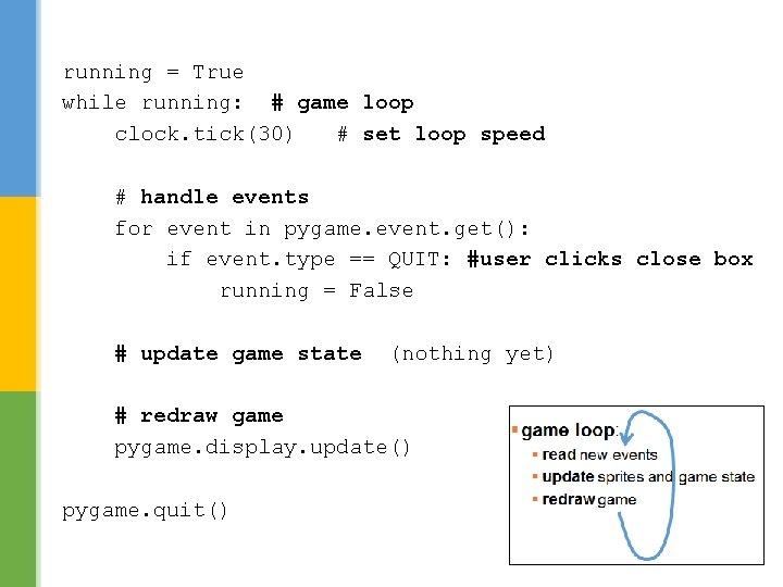 running = True while running: # game loop clock. tick(30) # set loop speed