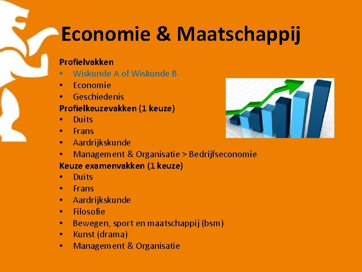 Economie & Maatschappij Profielvakken • Wiskunde A of Wiskunde B • Economie • Geschiedenis