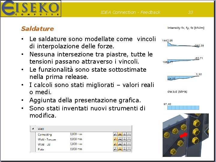 IDEA Connection - Feedback Saldature • Le saldature sono modellate come vincoli di interpolazione