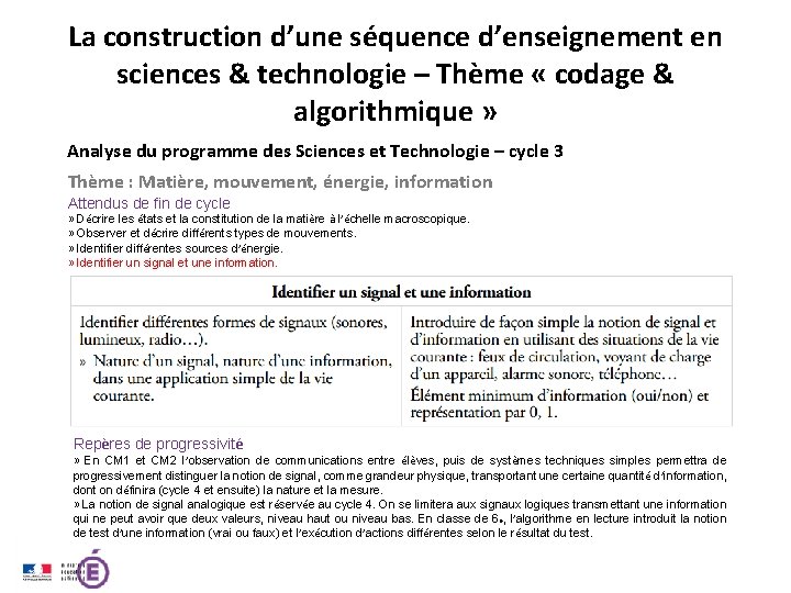 La construction d’une séquence d’enseignement en sciences & technologie – Thème « codage &