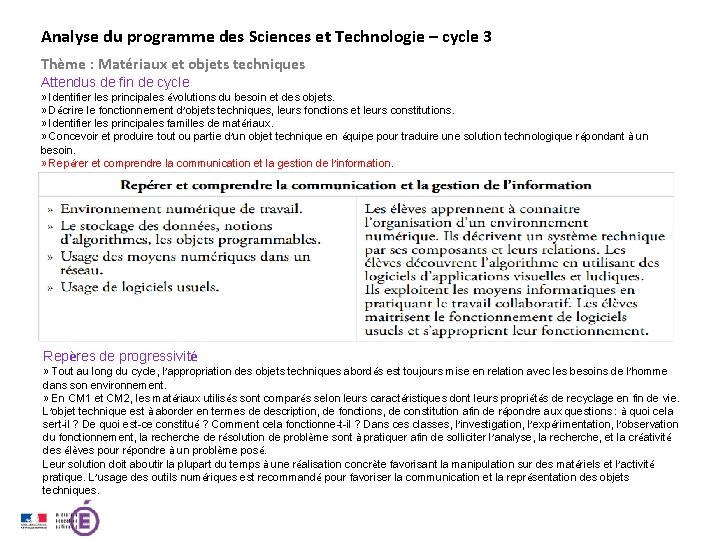 Analyse du programme des Sciences et Technologie – cycle 3 Thème : Matériaux et