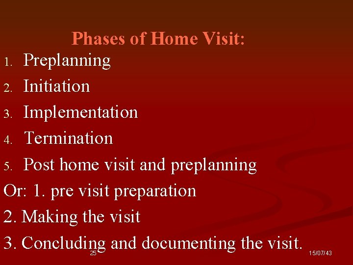 Phases of Home Visit: 1. Preplanning 2. Initiation 3. Implementation 4. Termination 5. Post