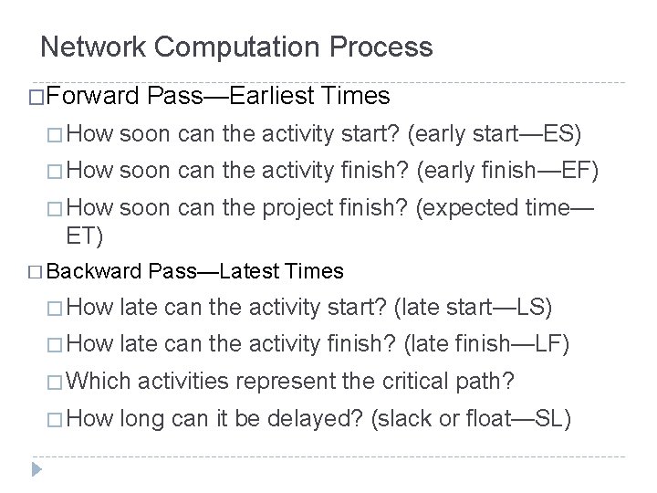 Network Computation Process �Forward Pass—Earliest Times � How soon can the activity start? (early