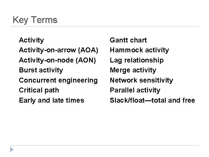 Key Terms Activity-on-arrow (AOA) Activity-on-node (AON) Burst activity Concurrent engineering Critical path Early and