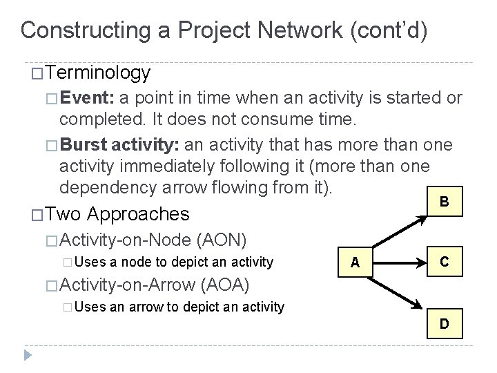 Constructing a Project Network (cont’d) �Terminology � Event: a point in time when an