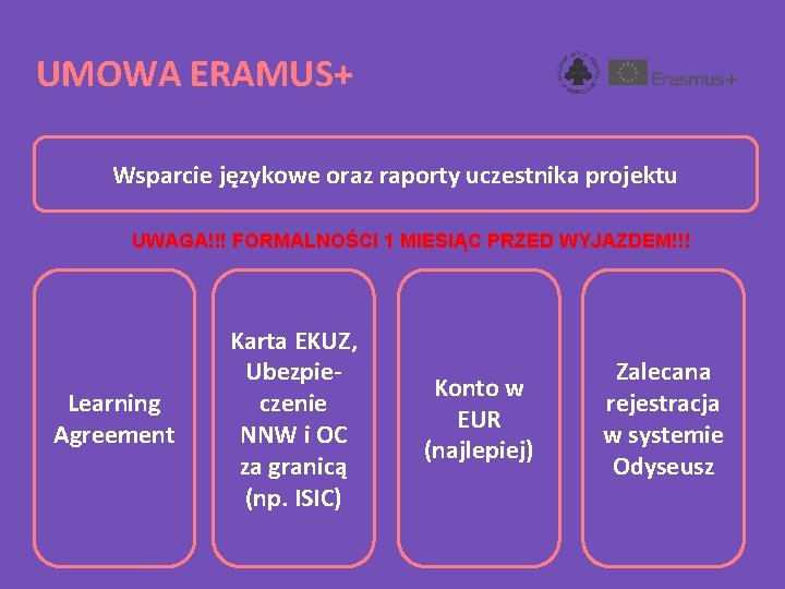 UMOWA ERAMUS+ Wsparcie językowe oraz raporty uczestnika projektu UWAGA!!! FORMALNOŚCI 1 MIESIĄC PRZED WYJAZDEM!!!