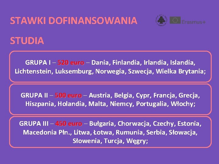 STAWKI DOFINANSOWANIA STUDIA GRUPA I – 520 euro – Dania, Finlandia, Irlandia, Islandia, Lichtenstein,