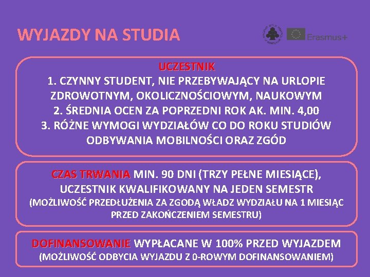 WYJAZDY NA STUDIA UCZESTNIK 1. CZYNNY STUDENT, NIE PRZEBYWAJĄCY NA URLOPIE ZDROWOTNYM, OKOLICZNOŚCIOWYM, NAUKOWYM