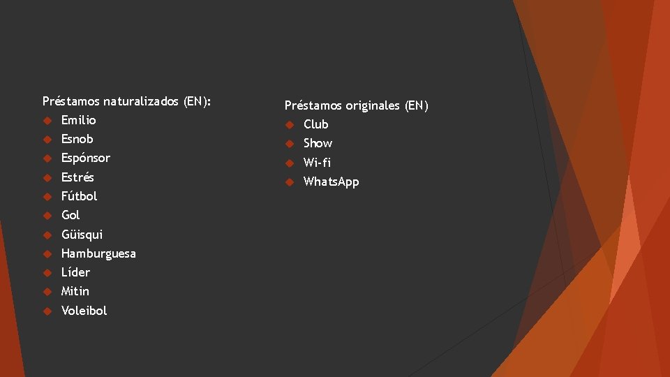 Préstamos naturalizados (EN): Préstamos originales (EN) Emilio Club Esnob Show Espónsor Wi-fi Estrés Whats.