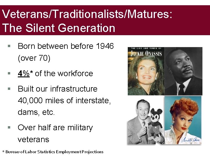 Veterans/Traditionalists/Matures: The Silent Generation § Born between before 1946 (over 70) § 4%* of