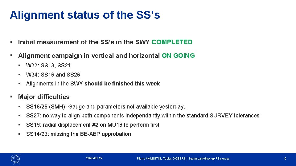 Alignment status of the SS’s § Initial measurement of the SS’s in the SWY